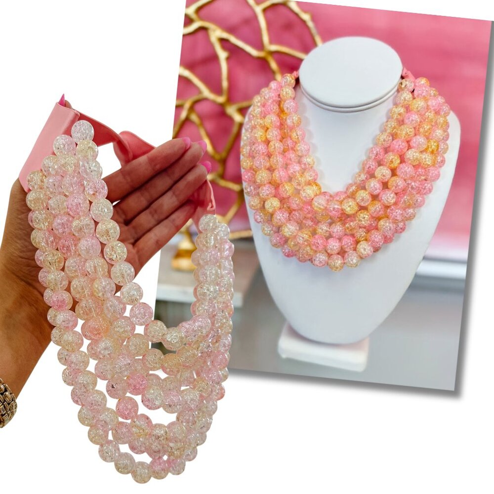 NEW Stunning Pink Palace Beaded 7-Strand Bib Statement Magnetic Leather Necklace